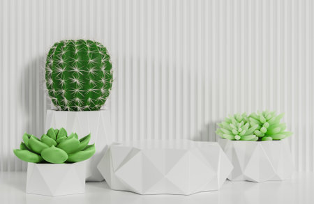 White prism podium for product presentation and cactus on white serrated wall background minimal style.,3d model and illustration.の写真素材