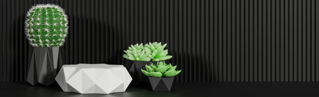 White prism podium for product presentation and cactus on black serrated wall background minimal style.,3d model and illustration.の写真素材