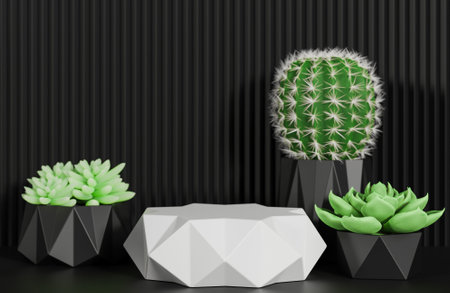 White prism podium for product presentation and cactus on black serrated wall background minimal style.,3d model and illustration.の写真素材