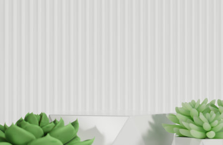 White prism podium for product presentation and cactus on white serrated wall background minimal style.,3d model and illustration.の写真素材