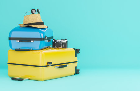 Yellow and blue suitcase with travel accessories on light blue background. Summer travel concept.,3d model and illustration.の写真素材