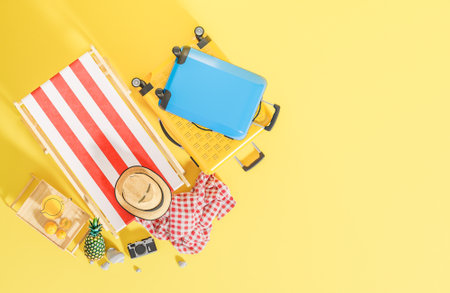 Flat lay yellow and blue suitcase with beach chair and travel accessories on yellow background. Summer travel concept.,3d model and illustration.の写真素材