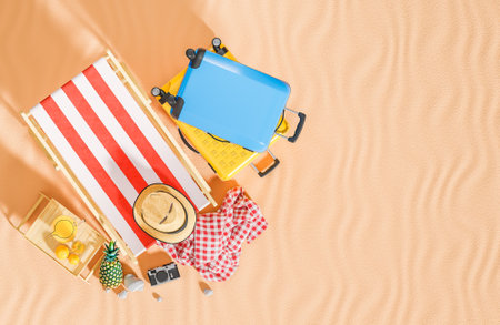 Flat lay yellow and blue suitcase with beach chair and travel accessories on sand background. Summer travel concept.,3d model and illustration.の写真素材