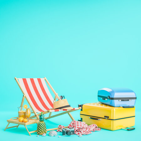 Yellow and blue suitcase with beach chair and travel accessories on light blue background. Summer travel concept.,3d model and illustration.の写真素材