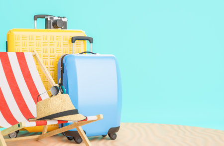 Yellow and blue suitcase with beach chair and travel accessories on sand stand and light blue background. Summer travel concept.,3d model and illustration.の写真素材