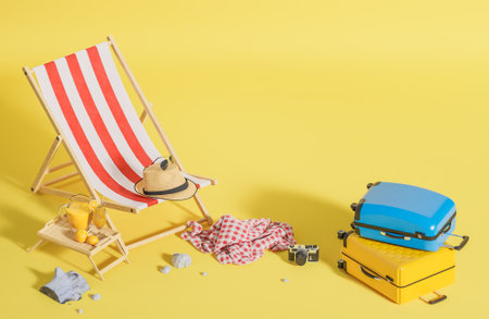 Yellow and blue suitcase with beach chair and travel accessories on yellow background. Summer travel concept.,3d model and illustration.の写真素材