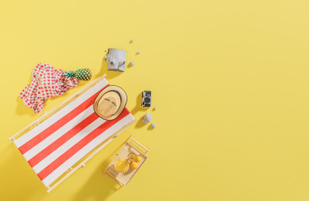 Flat lay Beach chair and travel accessories on yellow background. Summer travel concept.,3d model and illustration.の写真素材
