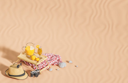 Travel accessories and orange juice on sand background. Summer travel concept.,3d model and illustration.の写真素材