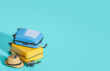 Yellow and blue suitcase and travel accessories on light blue background. Summer travel concept.,3d model and illustration.の写真素材