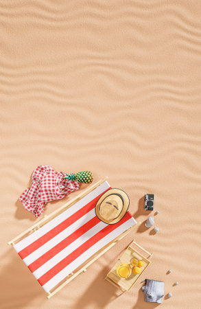 Flat lay Beach chair and travel accessories on sand background. Summer travel concept.,3d model and illustration.の写真素材
