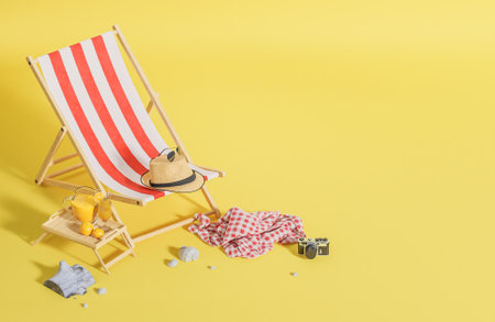 Beach chair and travel accessories on yellow background. Summer travel concept.,3d model and illustration.の写真素材