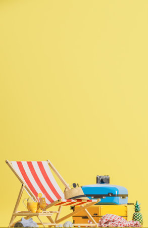 Yellow and blue suitcase with beach chair and travel accessories on yellow background. Summer travel concept.,3d model and illustration.の写真素材