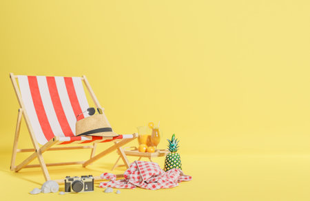 Beach chair and travel accessories on yellow background. Summer travel concept.,3d model and illustration.の写真素材