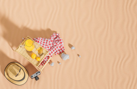 Travel accessories and orange juice on sand background. Summer travel concept.,3d model and illustration.の写真素材