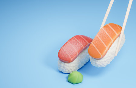 Chopsticks holding sushi on blue background. Traditional japanese food.,3d model and illustration.の写真素材