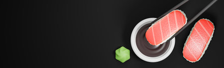 Flat lay chopsticks holding sushi and soy sauce on black background. Traditional japanese food.,3d model and illustration.の写真素材