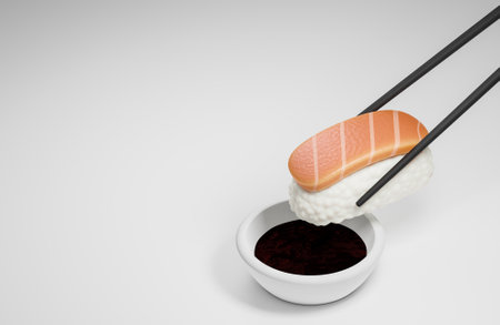 Chopsticks holding sushi and soy sauce on white background. Traditional japanese food.,3d model and illustration.の写真素材