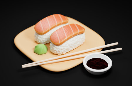 Traditional japanese sushi with chopsticks and soy sauce on a wooden plate.,3d model and illustration.の素材 [FY310208812846]