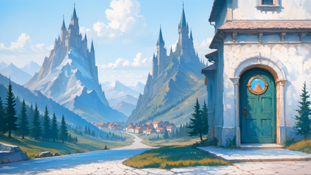 Mountain landscape with stone archway gateの素材