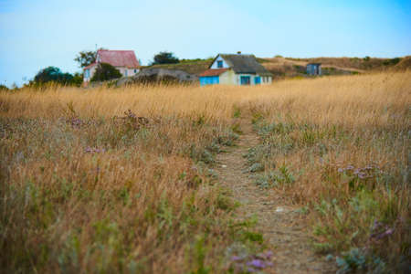 Path leading to a small old russian village on the backgroundの写真素材