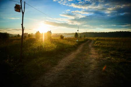 Pathway in a meadow at summer ethnic festival in rays of sunsetの写真素材