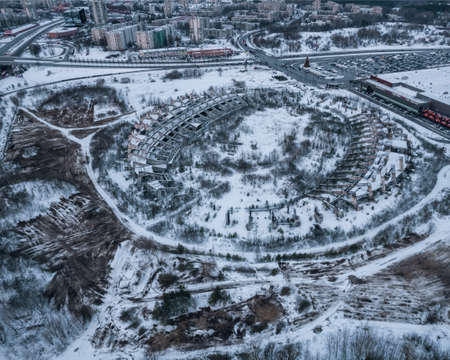 Aerial view of the unfinished football stadium  in the city in winter.の写真素材