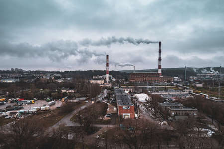 Aerial view of industrial area with smokestack and factory in Vilnius, Lithuaniaの写真素材