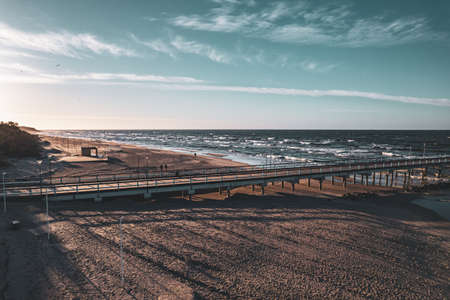 Aerial view of the beach and pier in Palanga, Lithuaniaの写真素材