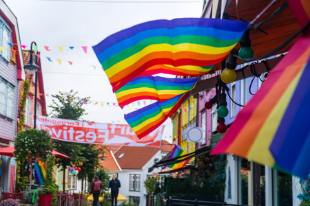 Rainbow flags on the streets of Stavanger, Norway.のeditorial素材
