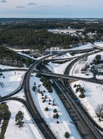 Aerial view of highway in winter.の写真素材