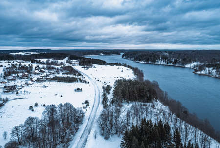 Aerial view of the lake in winter. Europe, Lithuaniaの写真素材