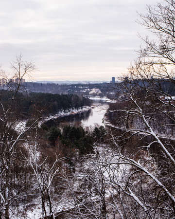 Aerial view of the city in winter with snow covered trees.