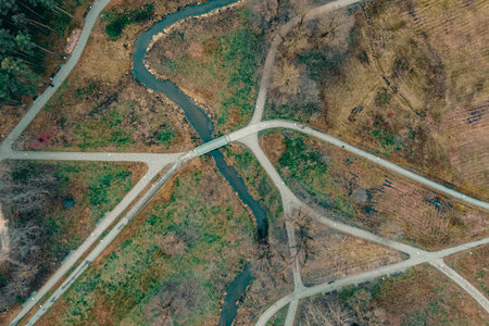 Aerial view of a park with path walks, Utenaの写真素材