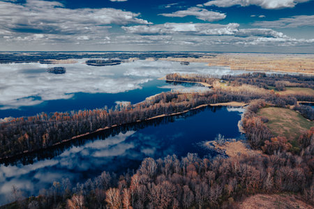 Aerial view of the lake in autumnの写真素材