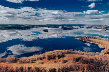 Autumn aerialclandscape with a lake in the Lithuaniaの写真素材