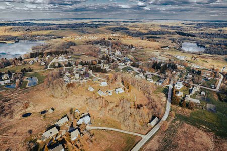 Aerial view of the village in autumn. Top view of the village in autumn.の写真素材