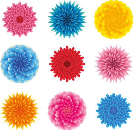 set of different heads of flowers, top view, fluffy, lots of leaves, pointed and rounded petals, pink, blue, yellow and red on a white backgroundのイラスト素材