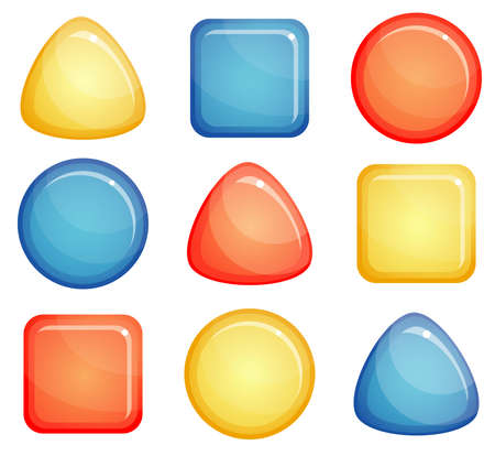 Set of three glass convex buttons, circle, triangle, square  Red, blue and yellow colors  Isolated on white background のイラスト素材