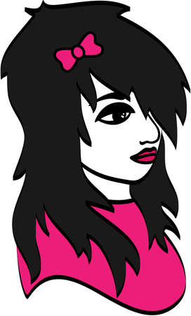 stylized emo girl portrait with black hair and a pink blouseのイラスト素材