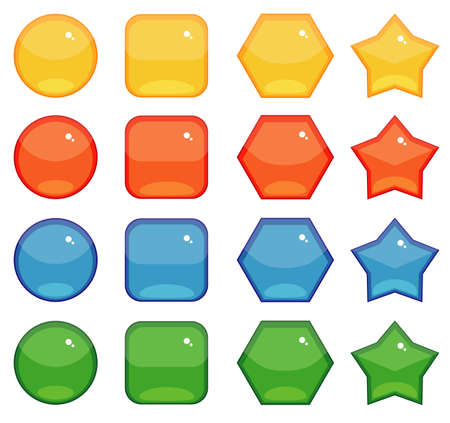 Set of different glass buttons, circle, hexagon, star, square. Red, blue, green and yellow colors. Isolated on white background.のイラスト素材