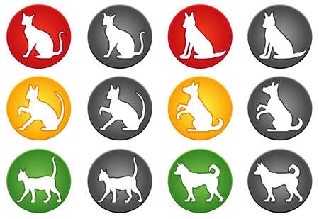 Round buttons with a silhouette of a cat and dog in various poses. Red, yellow, green and gray colors on a white backgroundのイラスト素材