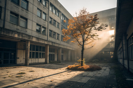 Abandoned factory building in foggy autumn morning, filtered.の素材