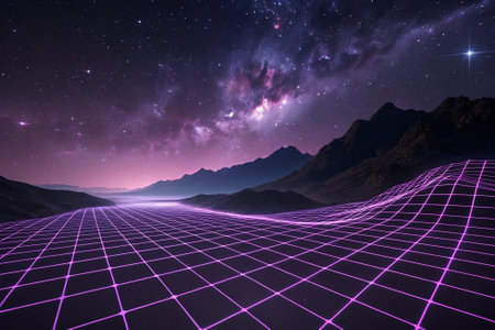 Retro 80s cyber landscape with stars and nebula. 3d renderingの素材