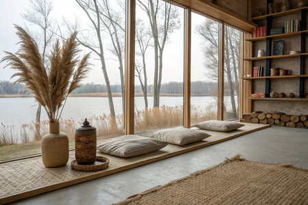 Interior of a cozy living room with a large window overlooking the lakeの素材