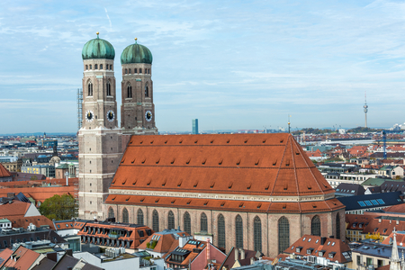Aerial view on Frauenkirche near Marienplatz in Munich, Germany with blue skyの写真素材