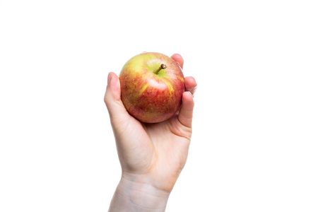 Holding an apple in the hand isolated on white backgroundの写真素材