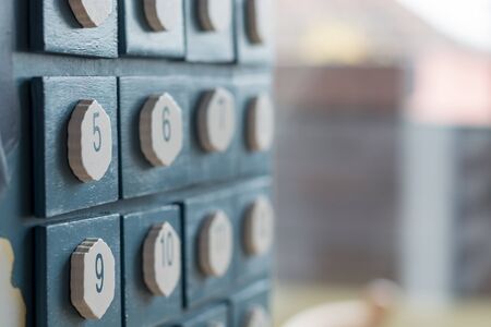 A blue advent calendar close up from the sideの写真素材