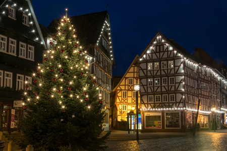 FRITZLAR, GERMANY: 25th December 2017: The marketplace of Fritzlar with Christmas tree and fairy lights during blue hourのeditorial素材