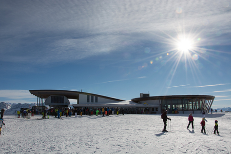 FISS, AUSTRIA - December 31, 2017: The summit station Bergdiamant in the ski resort Serfaus Fiss Ladis in Austria with the sunのeditorial素材