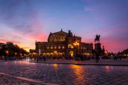 DRESDEN, GERMANY - June 15, 2019: The famous opera house Semperoper in Dresden after a concert after sunsetのeditorial素材
